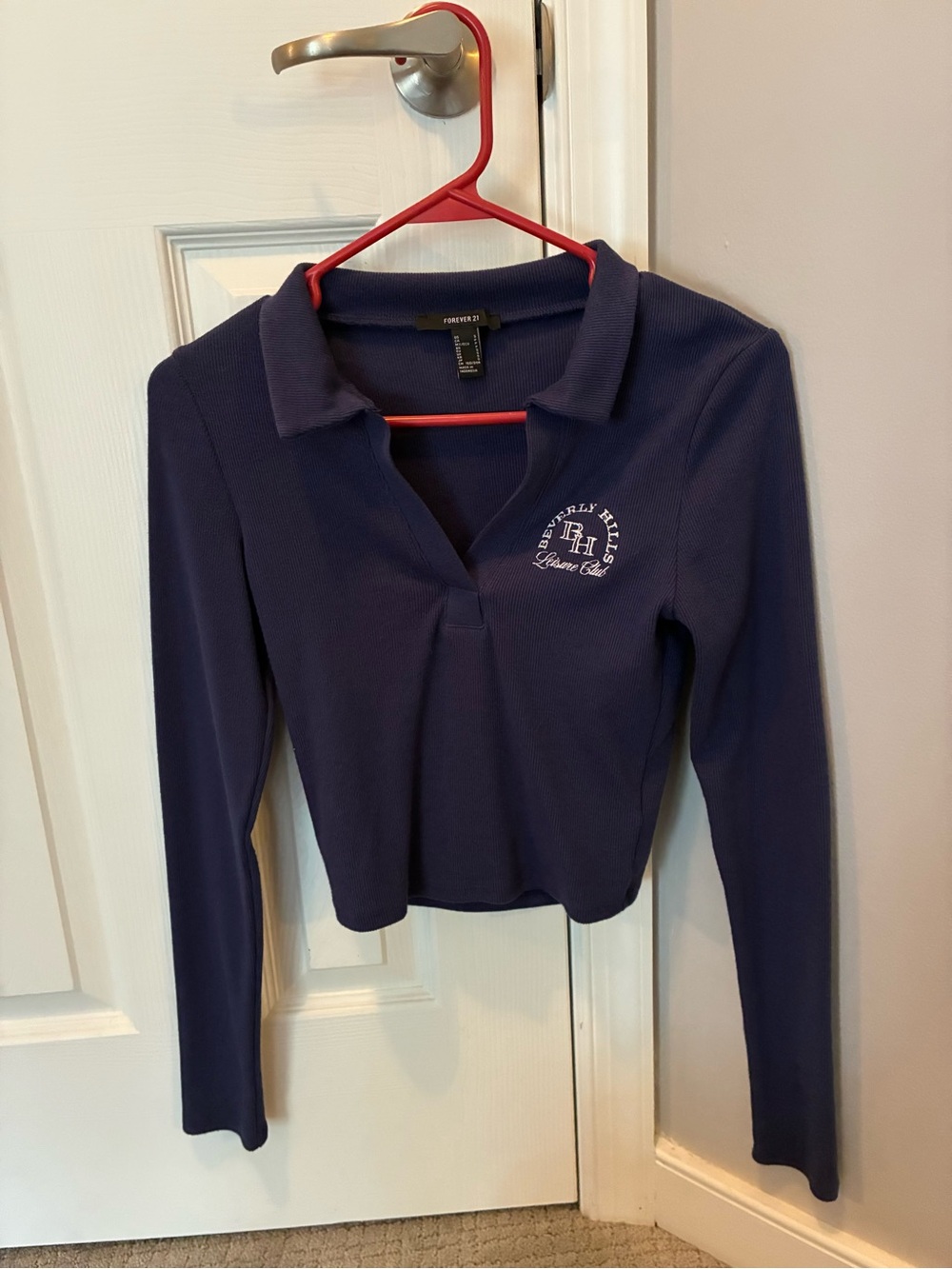 Forever 21 Navy Collared Ribbed Polo Top with Embroidered Crest